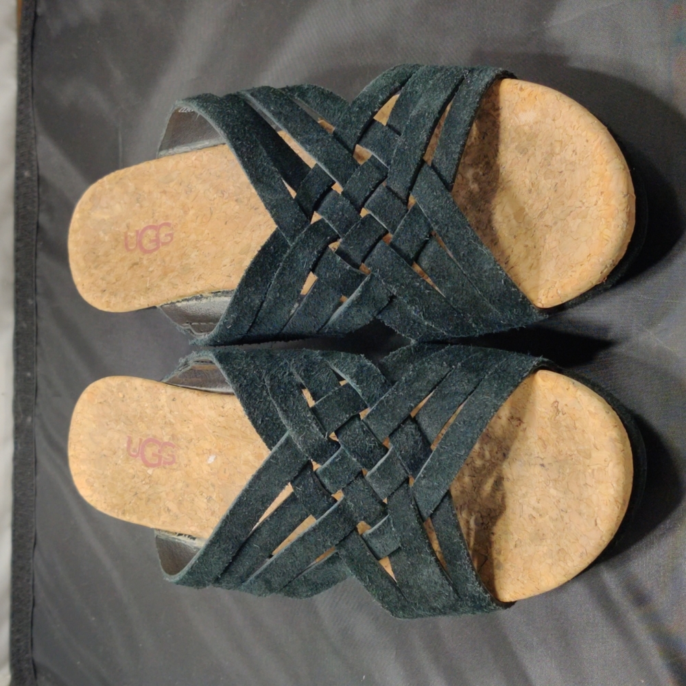 UGG Australia Lilah Black Wedge Sandal Women's Suede Leather Cork Slides size 7